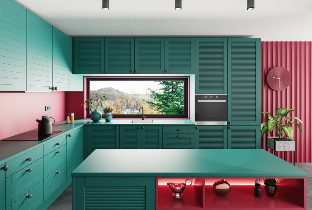 Modern green and red minimalist kitchen with island
